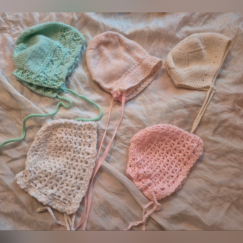 Lot Of Vintage Hand Knit And Crochet Baby Bonnet Hats 5